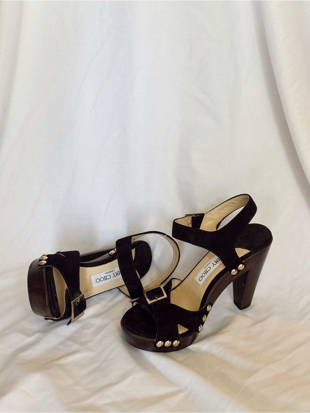 Jimmy Choo Black Suede Platform Heels with Gold Stud Accents